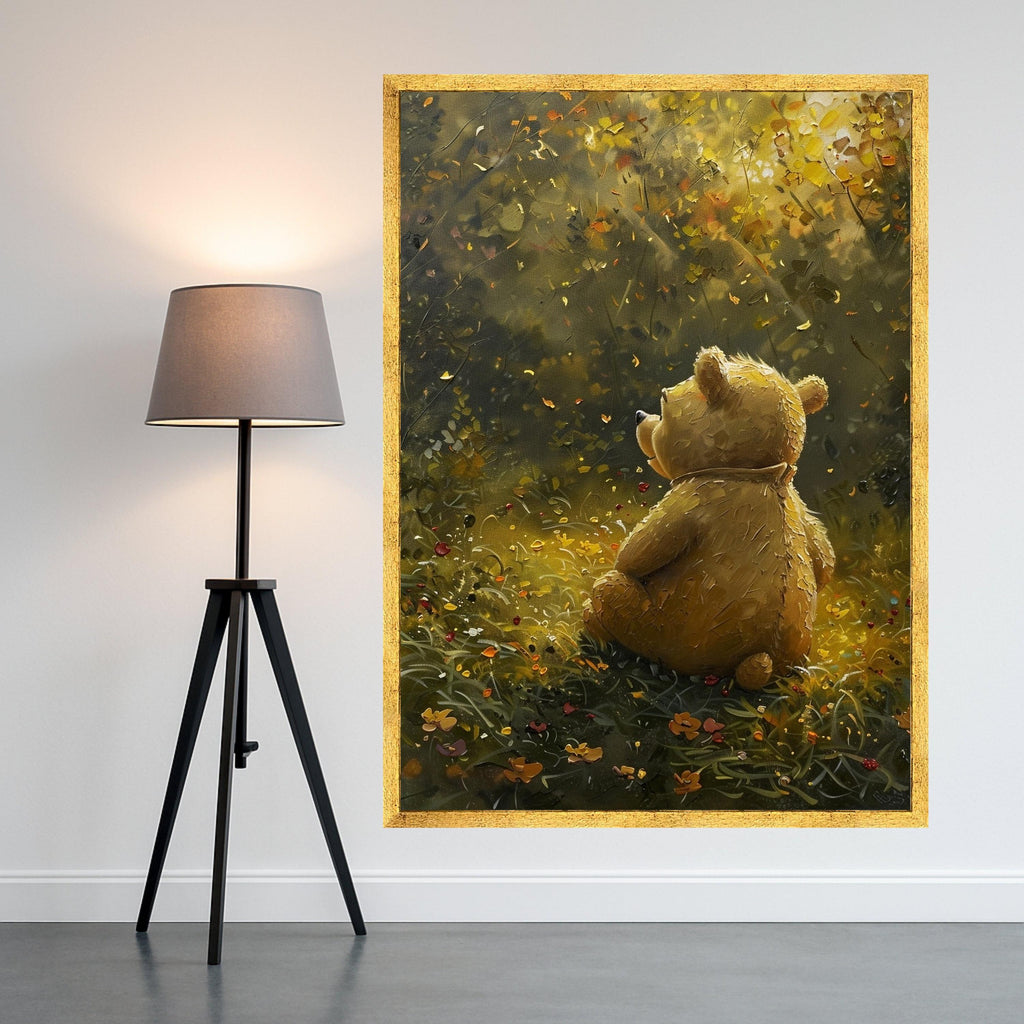 Whimsical Teddy Bear in Autumn Meadow Canvas, Childrens Room Wall Art, Cute Animal Illustration, Cozy Nature Scene Canvas