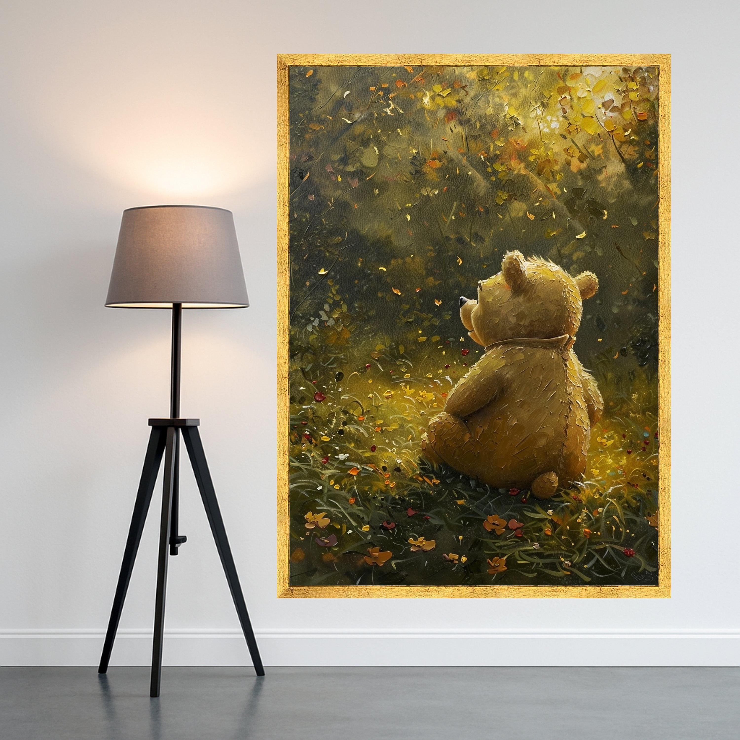 Whimsical Teddy Bear in Autumn Meadow Canvas, Childrens Room Wall Art, Cute Animal Illustration, Cozy Nature Scene Canvas