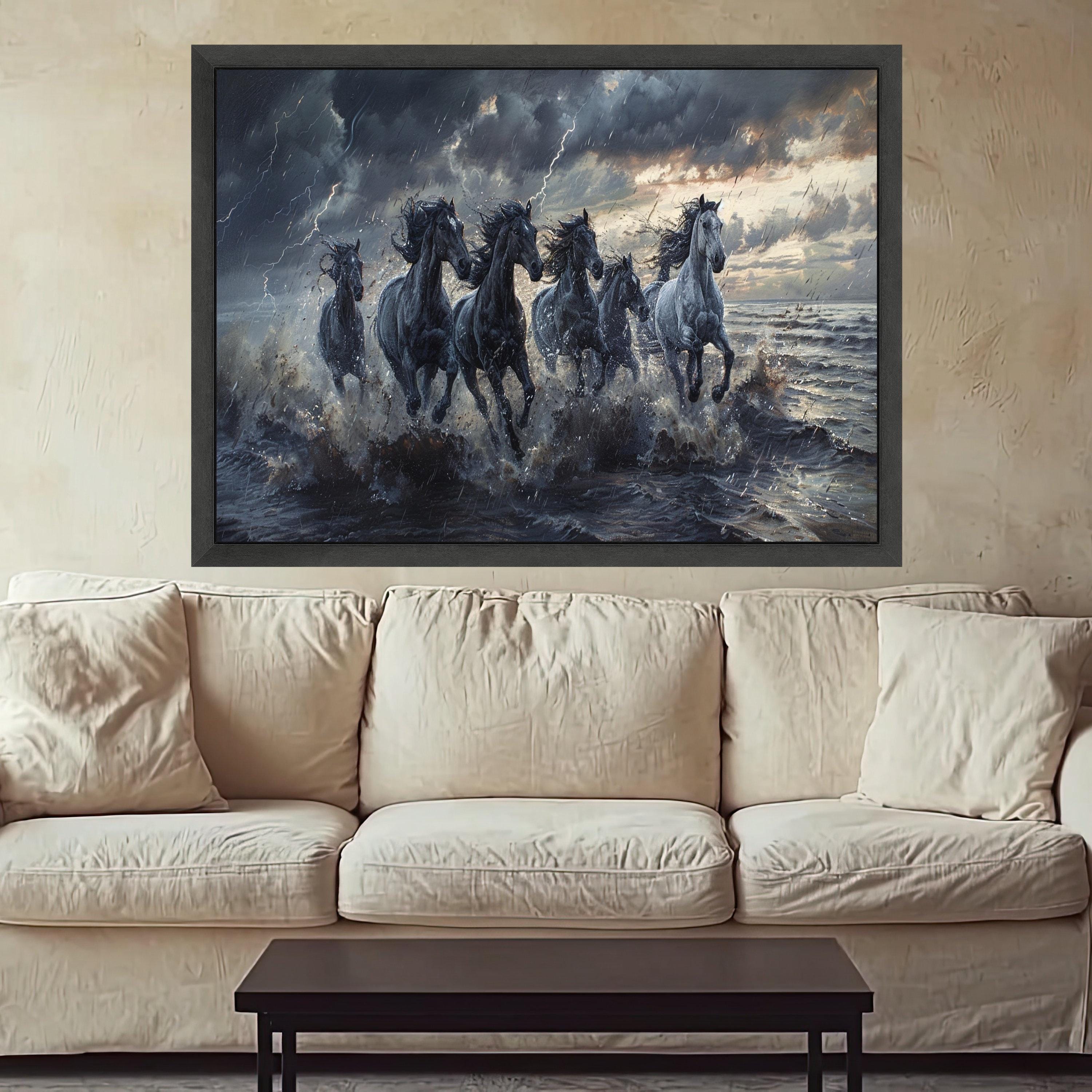Galloping Horses in Stormy Sea Canvas, Wild Horses Wall Art, Dramatic Nature Scene, Ocean Splash Canvas, Adventure Home Decoration