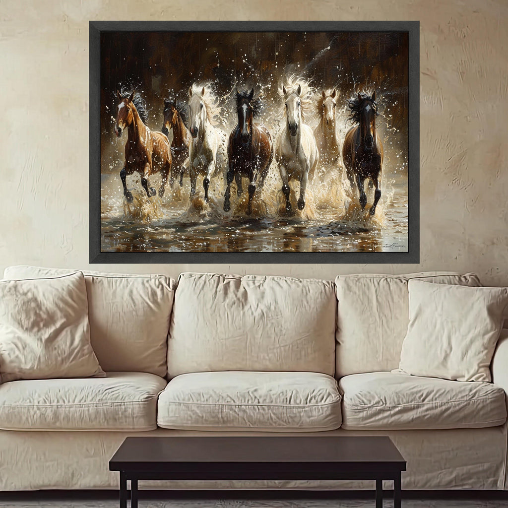 Majestic Wild Horses Running Through Water Canvas, Dynamic Animal Wall Art, Nature Scene Decoration, Equestrian Canvas Wall Decor