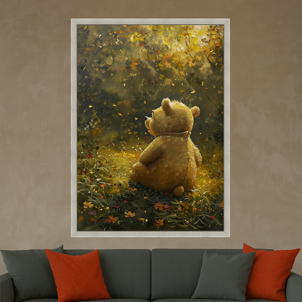 Whimsical Teddy Bear in Autumn Meadow Canvas, Childrens Room Wall Art, Cute Animal Illustration, Cozy Nature Scene Canvas