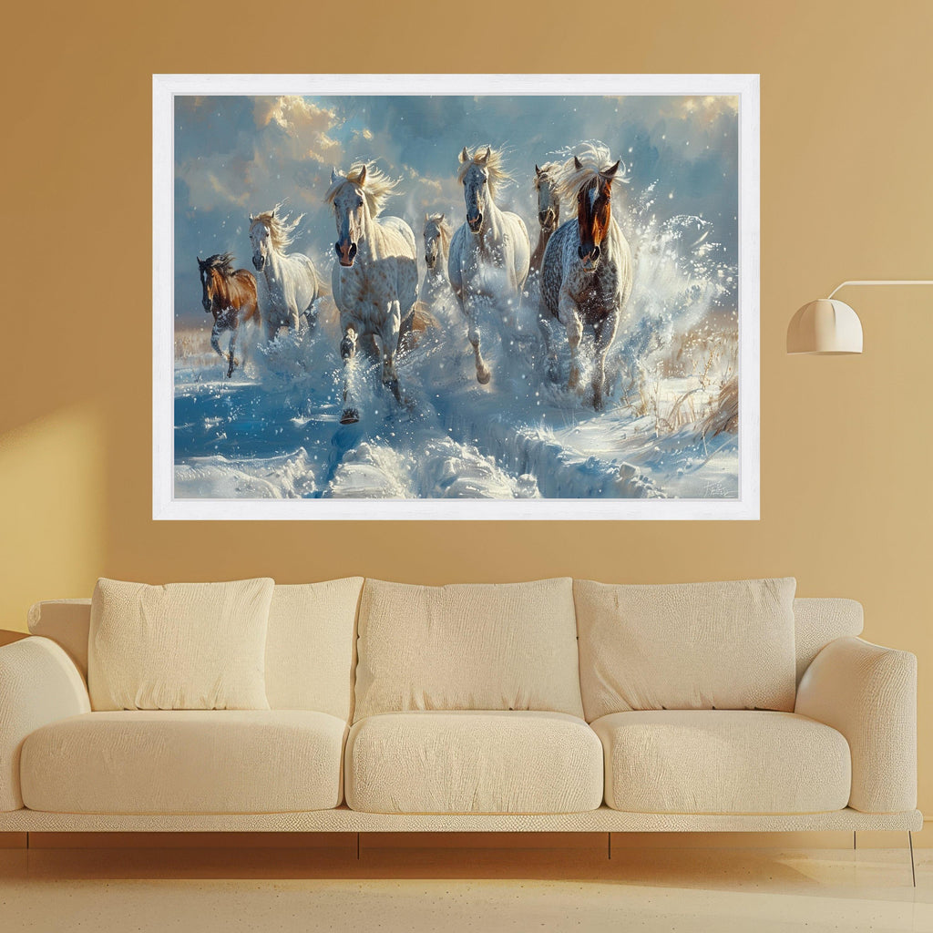 Majestic Wild Horses Running Through Snow Canvas, Winter Nature Wall Art, Animal Landscape Canvas, Dynamic Home Decoration