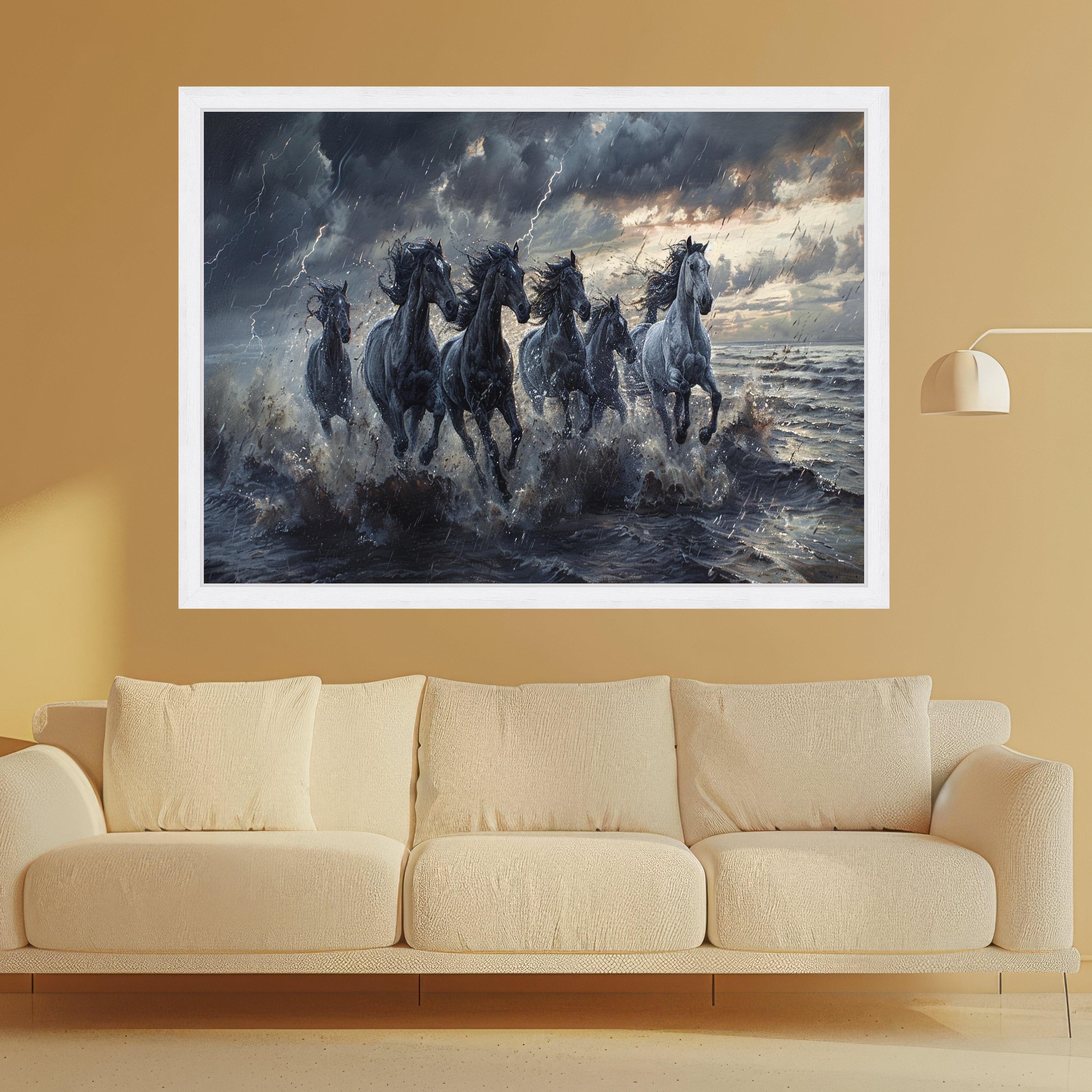 Galloping Horses in Stormy Sea Canvas, Wild Horses Wall Art, Dramatic Nature Scene, Ocean Splash Canvas, Adventure Home Decoration