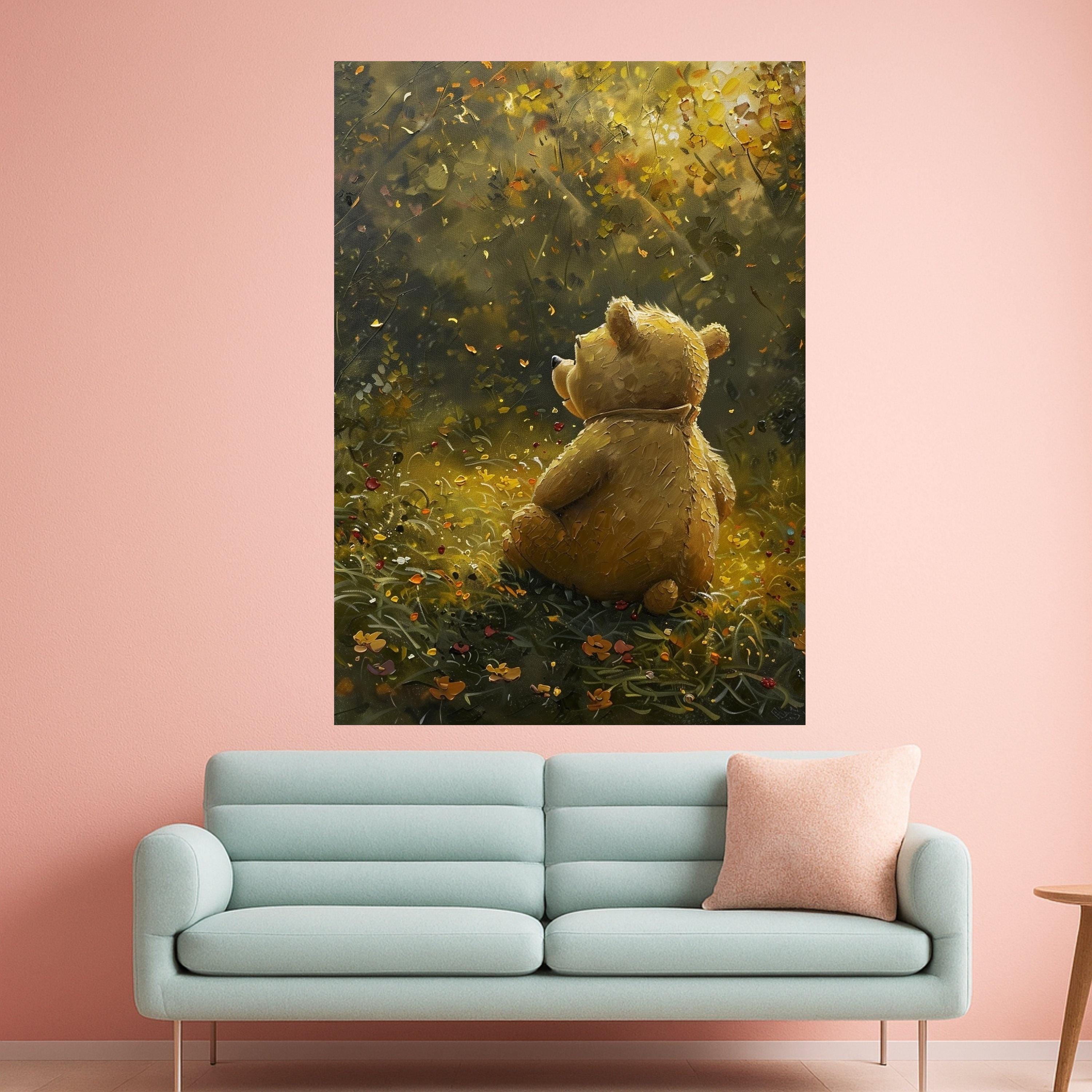 Whimsical Teddy Bear in Autumn Meadow Canvas, Childrens Room Wall Art, Cute Animal Illustration, Cozy Nature Scene Canvas