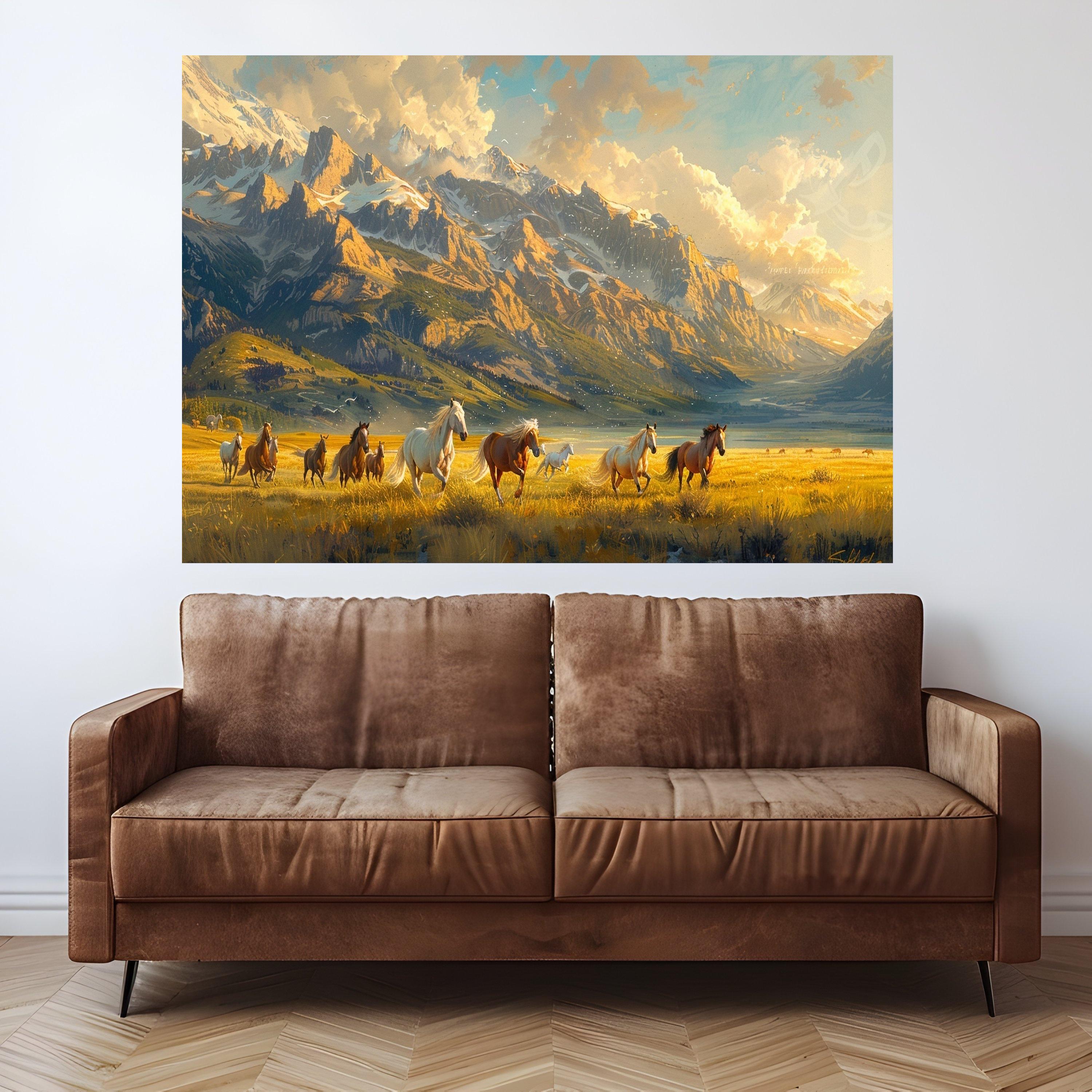 Wild Horses Running Canvas, Mountain Landscape Wall Art, Sunset Field Scene, Nature Canvas Decoration, Western Home Art
