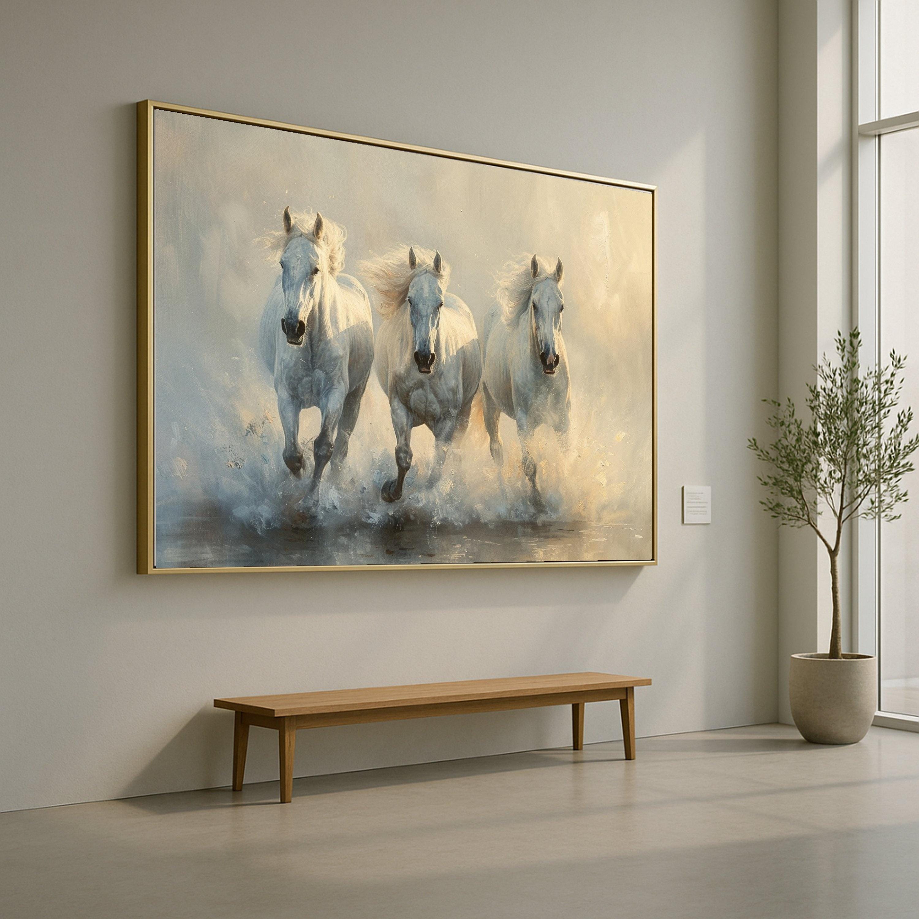 Majestic White Horses Running Canvas, Dynamic Animal Wall Art, Elegant Nature Scene Canvas, Home Decoration, Ready to Hang Artwork