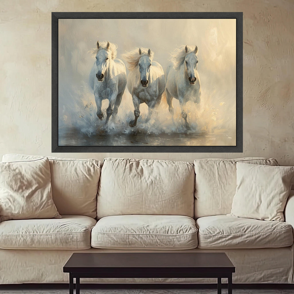 Majestic White Horses Running Canvas, Dynamic Animal Wall Art, Nature Scene Canvas, Elegant Home Decoration, Galloping Horse Artwork