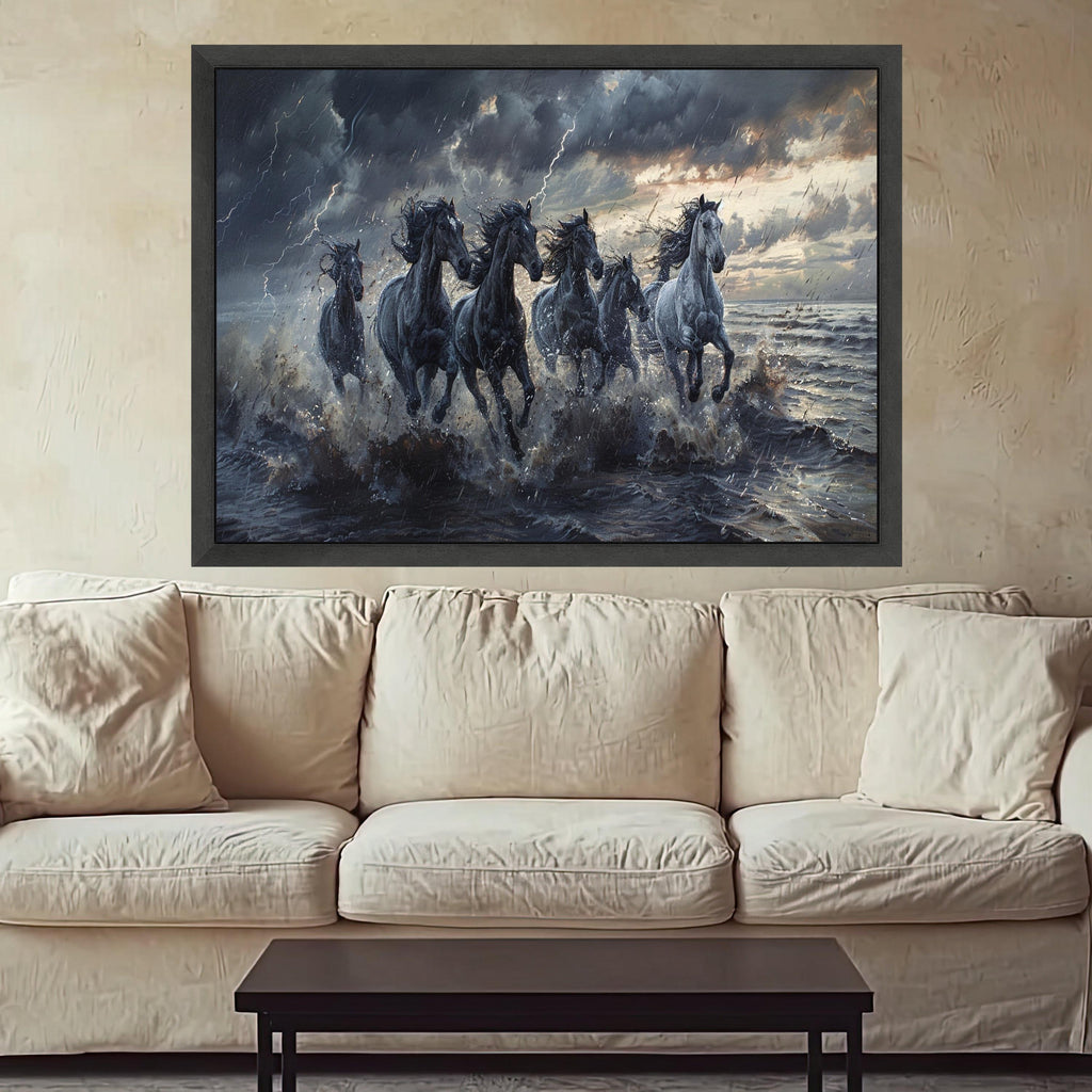 Majestic Wild Horses Running in Stormy Sea Canvas, Dynamic Animal Wall Art, Nature Power Scene, Dramatic Ocean Landscape, Ready to Hang