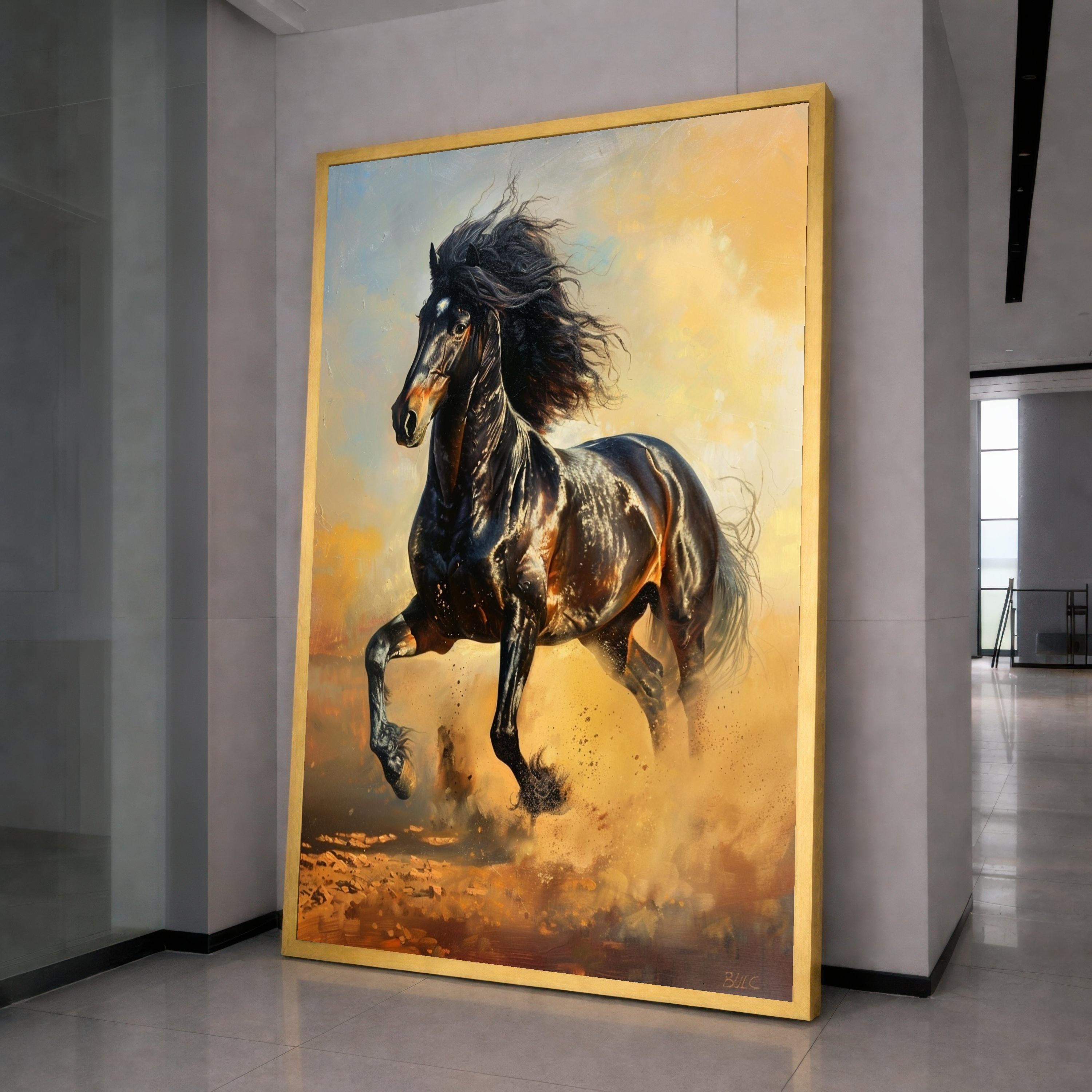 Majestic Black Horse Running Canvas, Wild Animal Wall Art, Equestrian Home Decoration, Dynamic Nature Canvas, Energetic Horse Print