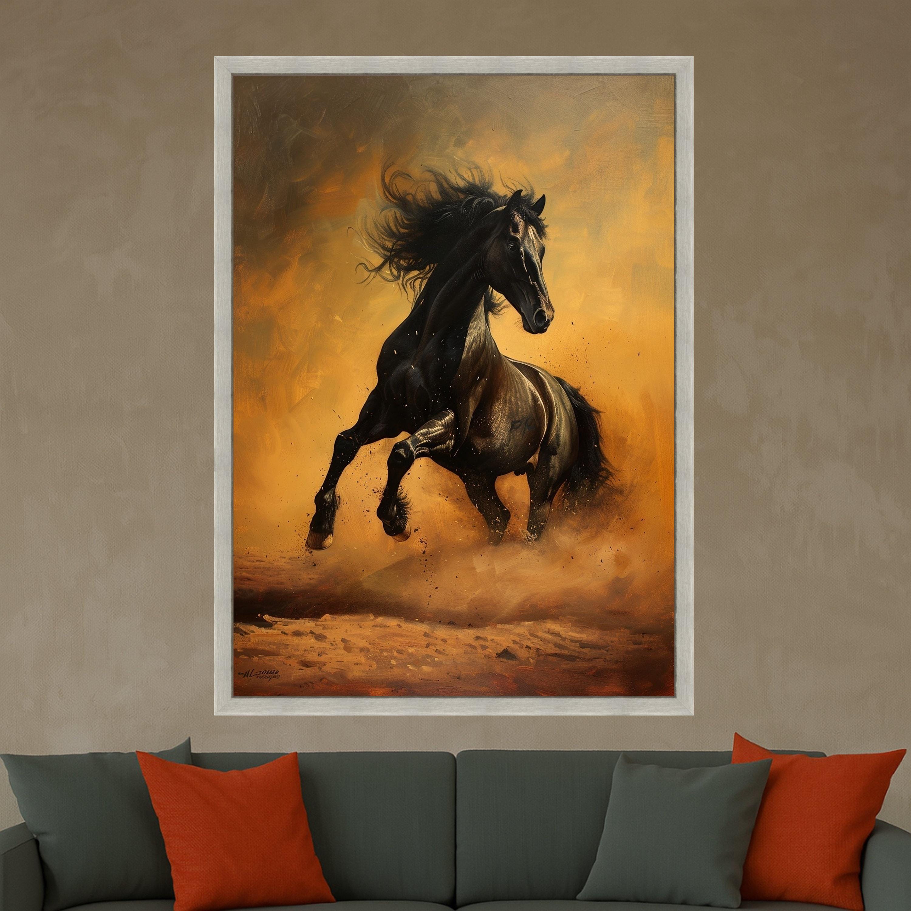 Majestic Black Stallion Art Canvas Wall Art Print Dynamic Running Horse Art Canvas Print Equestrian Wall Art Print Decor
