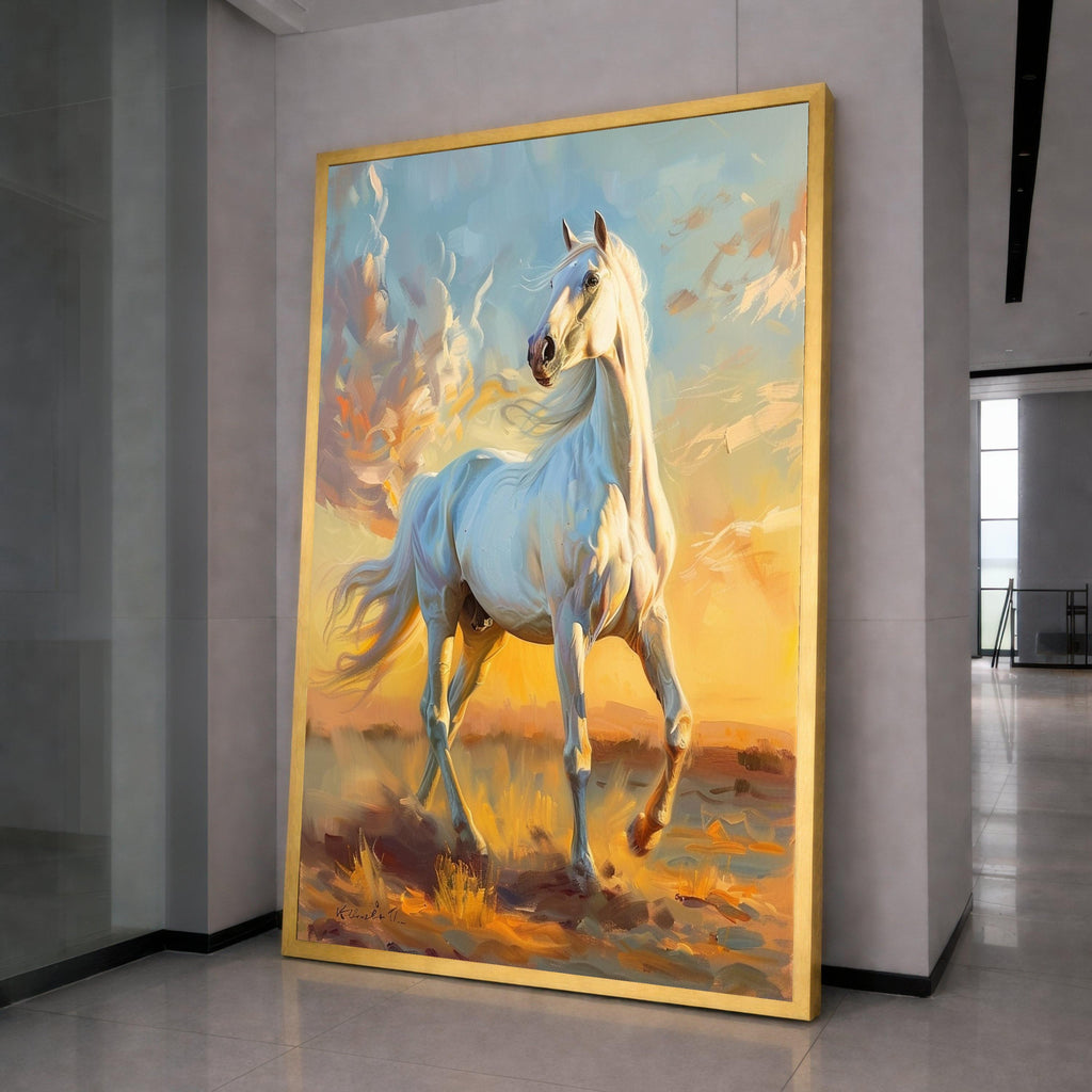 Majestic White Horse Canvas, Running Stallion Wall Art, Elegant Animal Painting, Nature Scene Canvas, Horse Lover Decor, Sunset Landscape