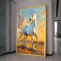 Majestic White Horse Canvas, Running Stallion Wall Art, Elegant Animal Painting, Nature Scene Canvas, Horse Lover Decor, Sunset Landscape