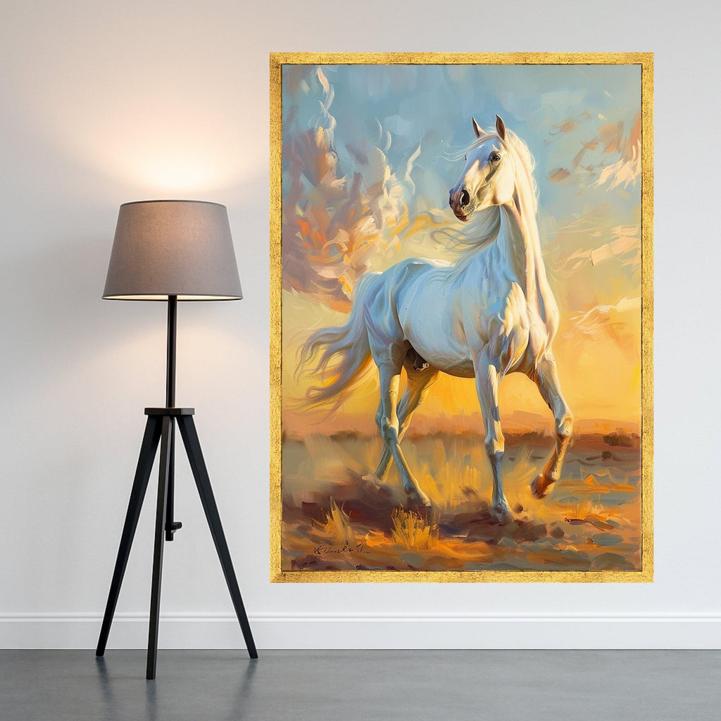 Majestic White Horse Canvas, Running Stallion Wall Art, Elegant Animal Painting, Nature Scene Canvas, Horse Lover Decor, Sunset Landscape