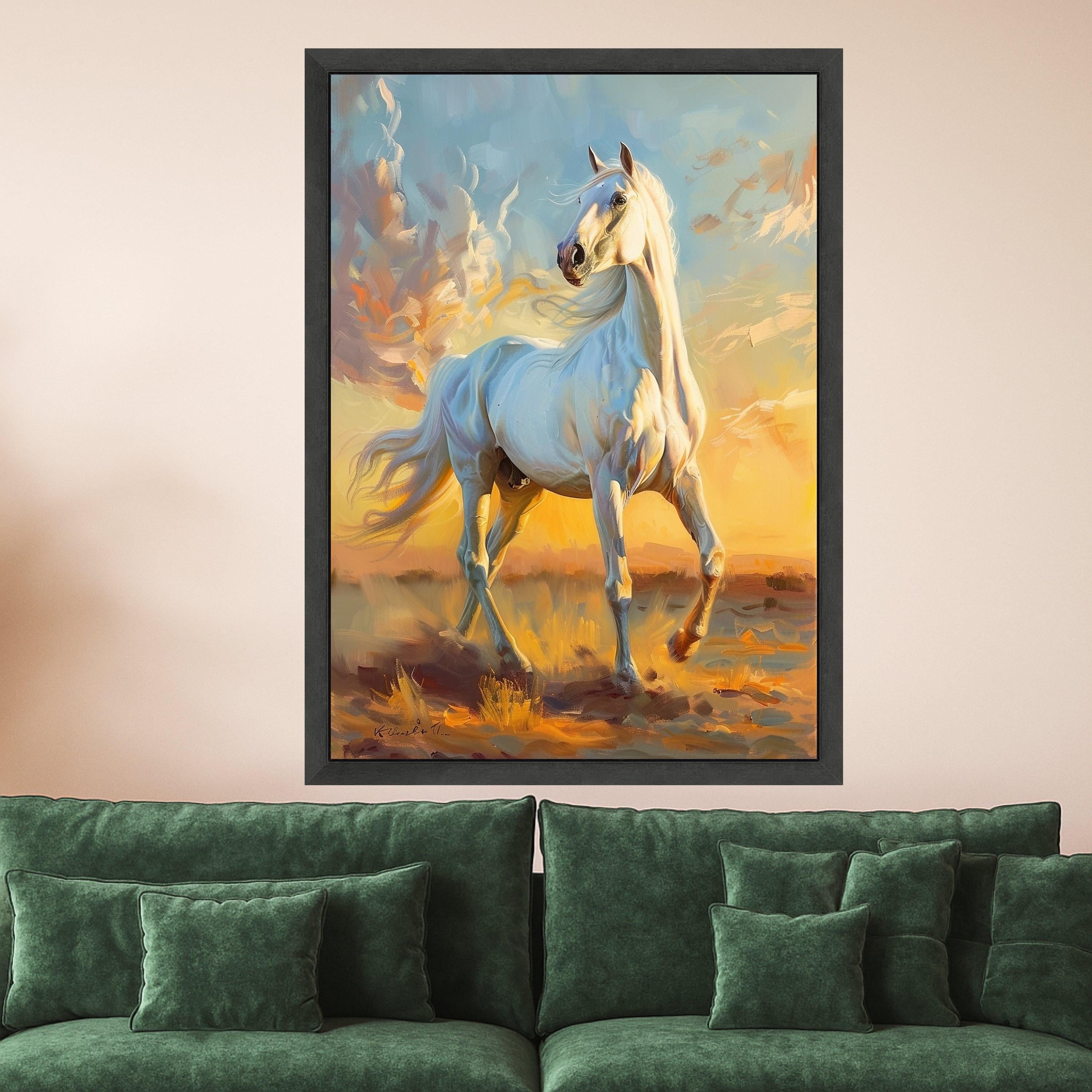 Majestic White Horse Canvas, Running Stallion Wall Art, Elegant Animal Painting, Nature Scene Canvas, Horse Lover Decor, Sunset Landscape