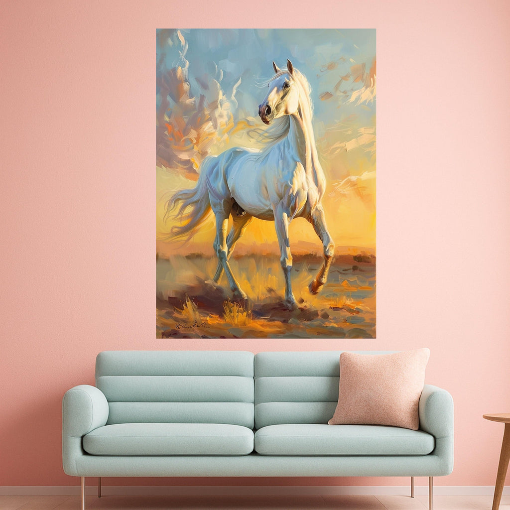 Majestic White Horse Canvas, Running Stallion Wall Art, Elegant Animal Painting, Nature Scene Canvas, Horse Lover Decor, Sunset Landscape