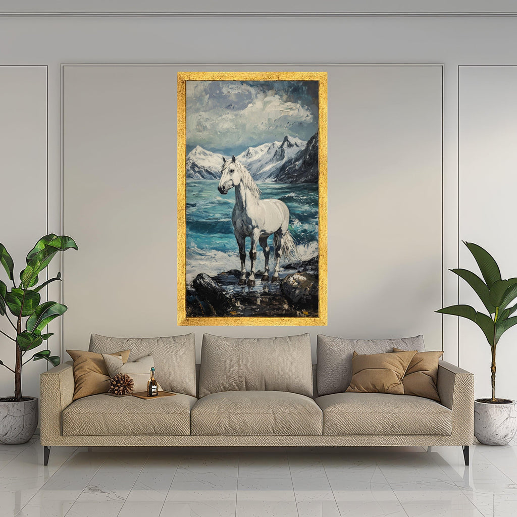 Majestic White Horse Canvas, Snowy Mountain Landscape Art, Ocean Shore Scene, Nature Animal Canvas, Coastal Wall Decor, Ready to Hang