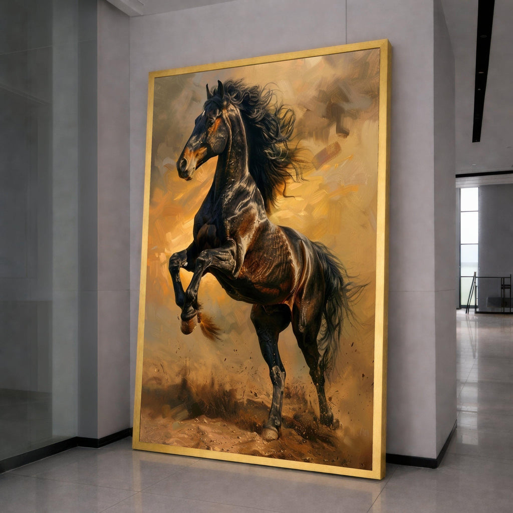 Majestic Black Stallion Canvas, Galloping Horse Wall Art, Dynamic Equestrian Canvas, Rustic Farmhouse Decoration, Ready to Hang Artwork