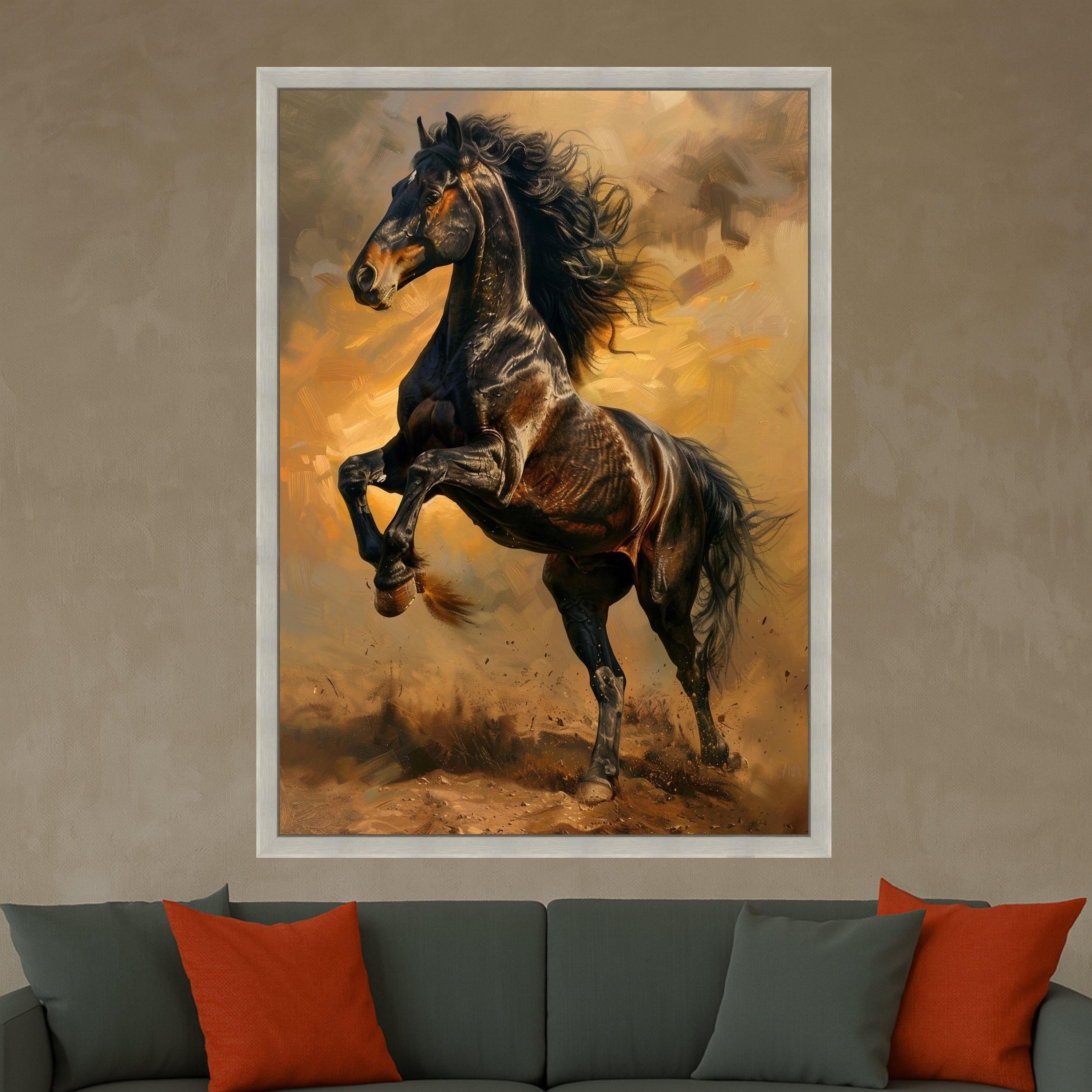 Majestic Black Stallion Canvas, Galloping Horse Wall Art, Dynamic Equestrian Canvas, Rustic Farmhouse Decoration, Ready to Hang Artwork