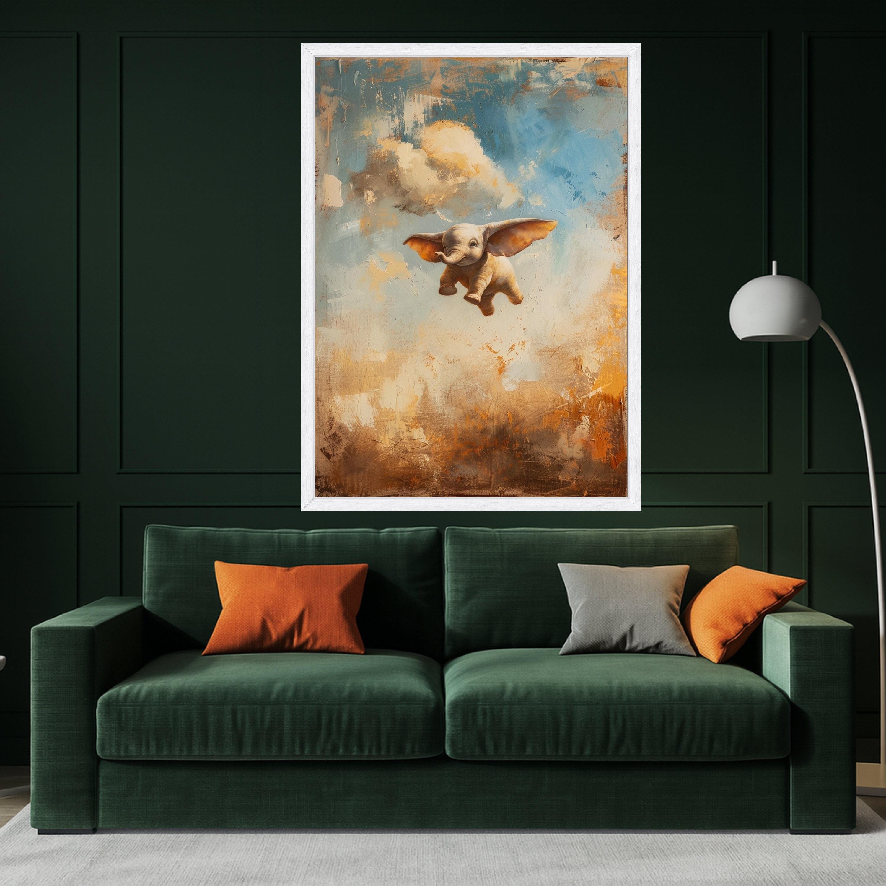 Flying Baby Elephant Canvas Wall Art, Whimsical Animal Painting, Fantasy Nursery Decor, Kids Room Wall Art, Colorful Abstract Background