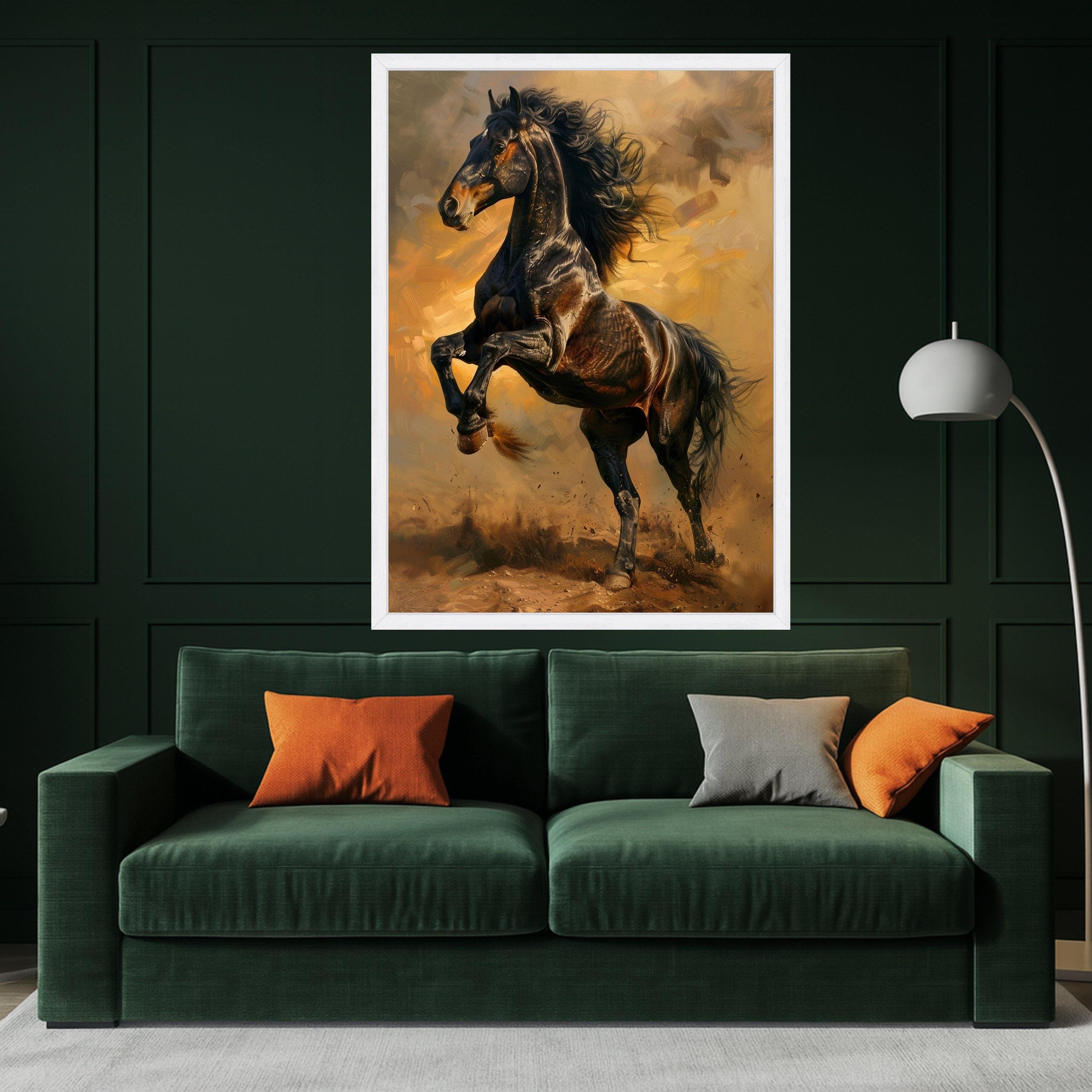 Majestic Black Stallion Canvas, Galloping Horse Wall Art, Dynamic Equestrian Canvas, Rustic Farmhouse Decoration, Ready to Hang Artwork