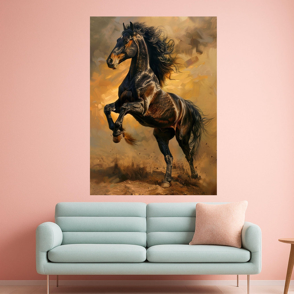 Majestic Black Stallion Canvas, Galloping Horse Wall Art, Dynamic Equestrian Canvas, Rustic Farmhouse Decoration, Ready to Hang Artwork