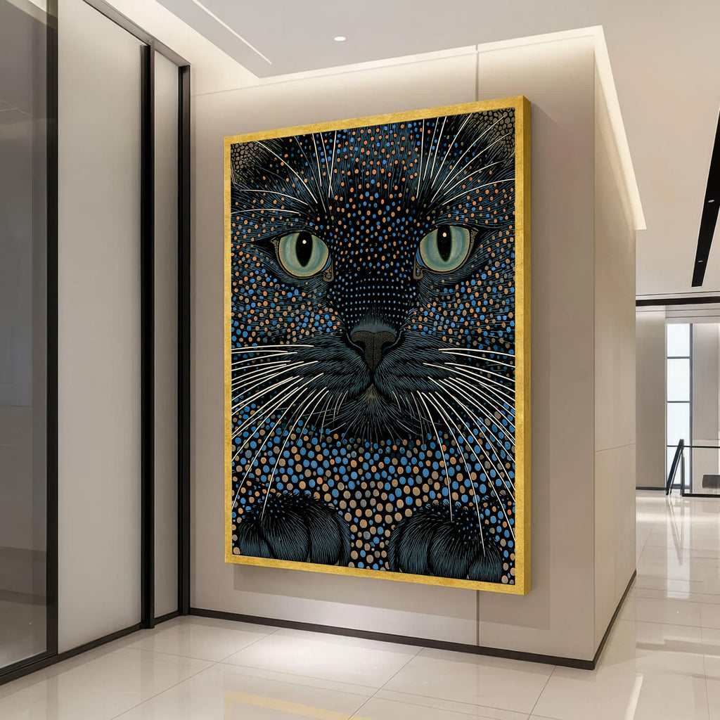 Mystical Black Cat Canvas Print, Blue and Gold Feline Portrait, Celestial Whimsical Bedroom Wall Decor, Boho Gothic Art