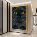 Mystical Black Cat Canvas Print, Blue and Gold Feline Portrait, Celestial Whimsical Bedroom Wall Decor, Boho Gothic Art