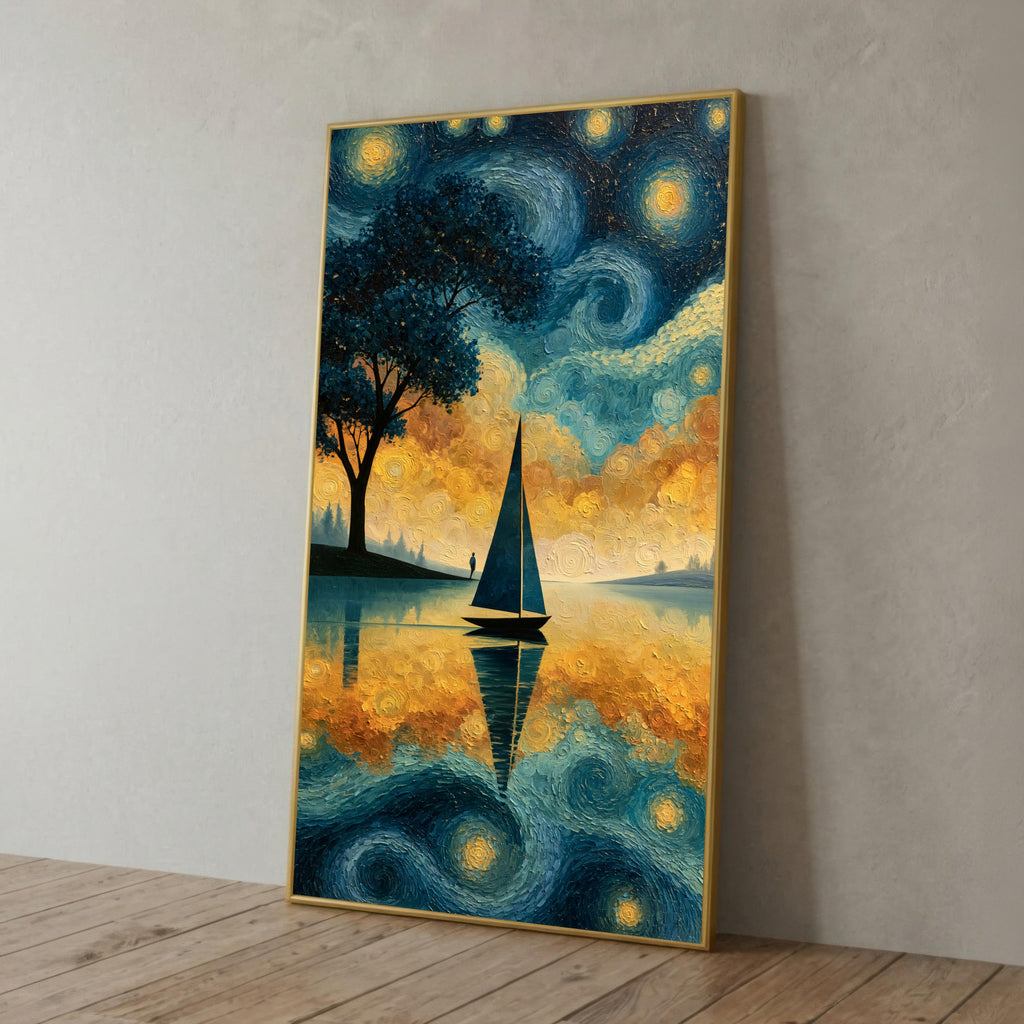 Starry Sailboat Lake Canvas Print, Blue Gold Nightscape Wall Decor, Whimsical Bedroom Art, Van Gogh Style Reflection Scene