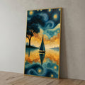 Starry Sailboat Lake Canvas Print, Blue Gold Nightscape Wall Decor, Whimsical Bedroom Art, Van Gogh Style Reflection Scene