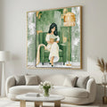 Woman Reading in Green Armchair Canvas Print, Sage Book Lover Wall Decor, Cozy Bedroom Wall Art, Minimalist Figure Study