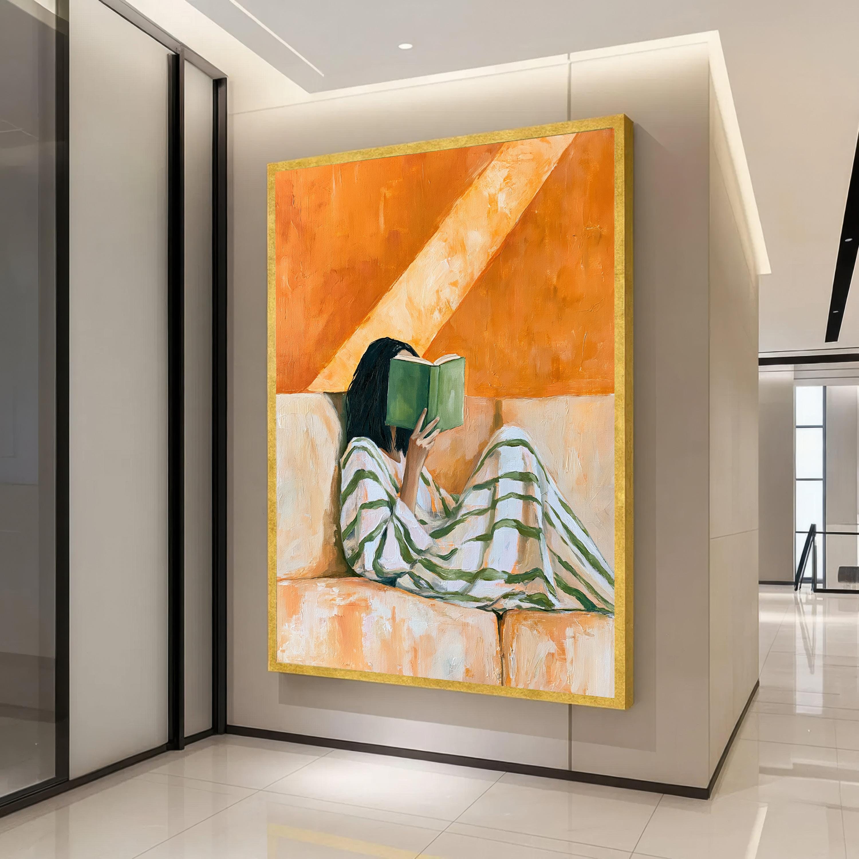 Cozy Reading Woman Canvas Print, Orange and Green Figurative Art, Modern Bedroom Wall Decor, Book Lover Gift Print