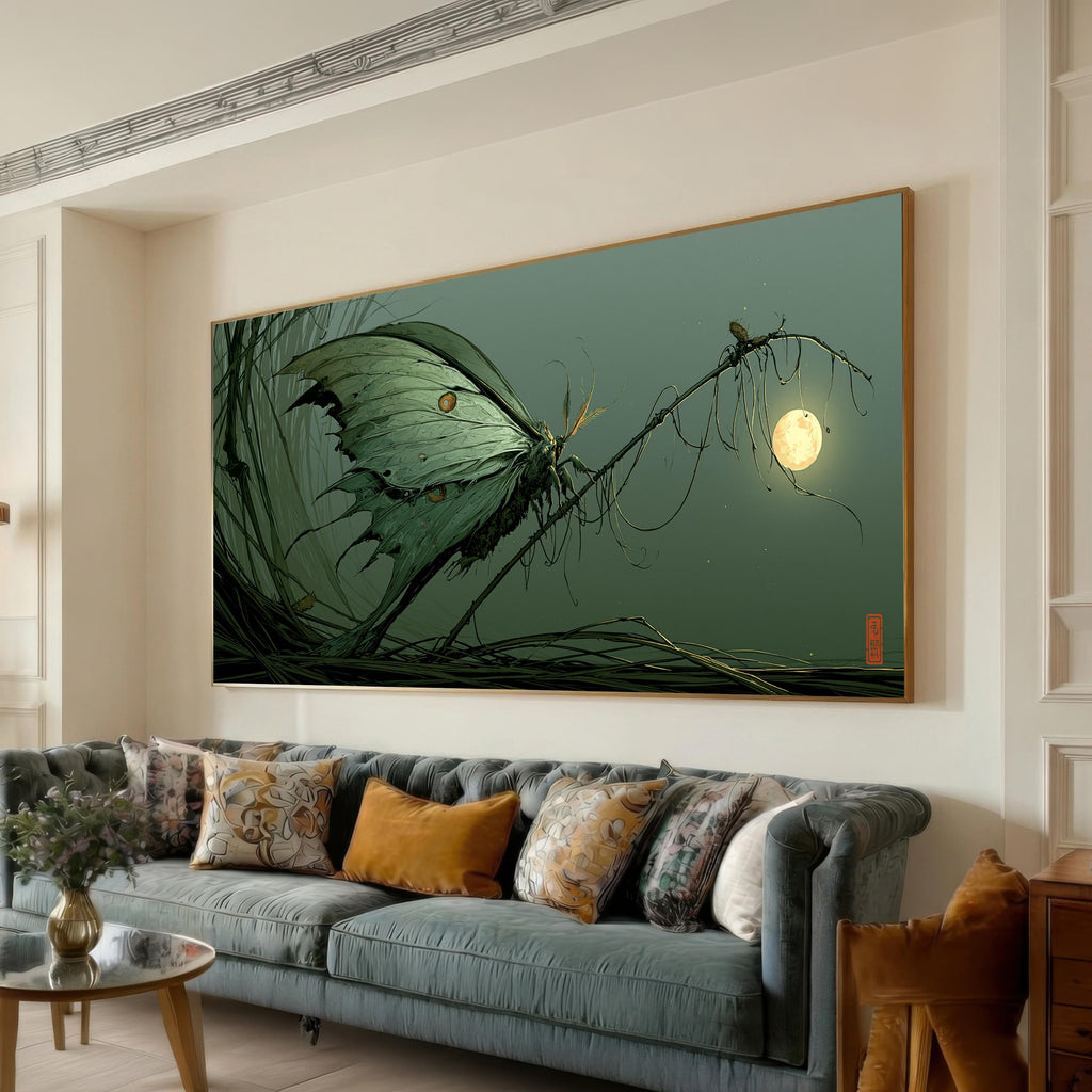 Moonlit Moth Canvas Print, Dark Green Insect Wall Art, Gothic Nature Decor, Fantasy Lunar Illustration, Moody Bedroom Art