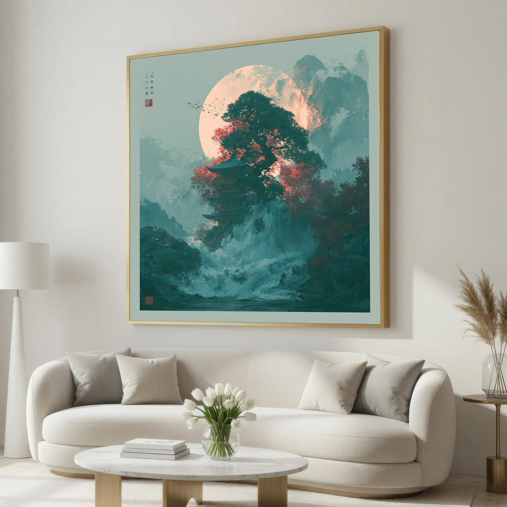 Japanese Landscape Canvas Print, Moonlit Pagoda and Waterfall Wall Art, Teal Mountains, Red Maple Tree, Zen Nature Decor