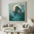 Japanese Landscape Canvas Print, Moonlit Pagoda and Waterfall Wall Art, Teal Mountains, Red Maple Tree, Zen Nature Decor