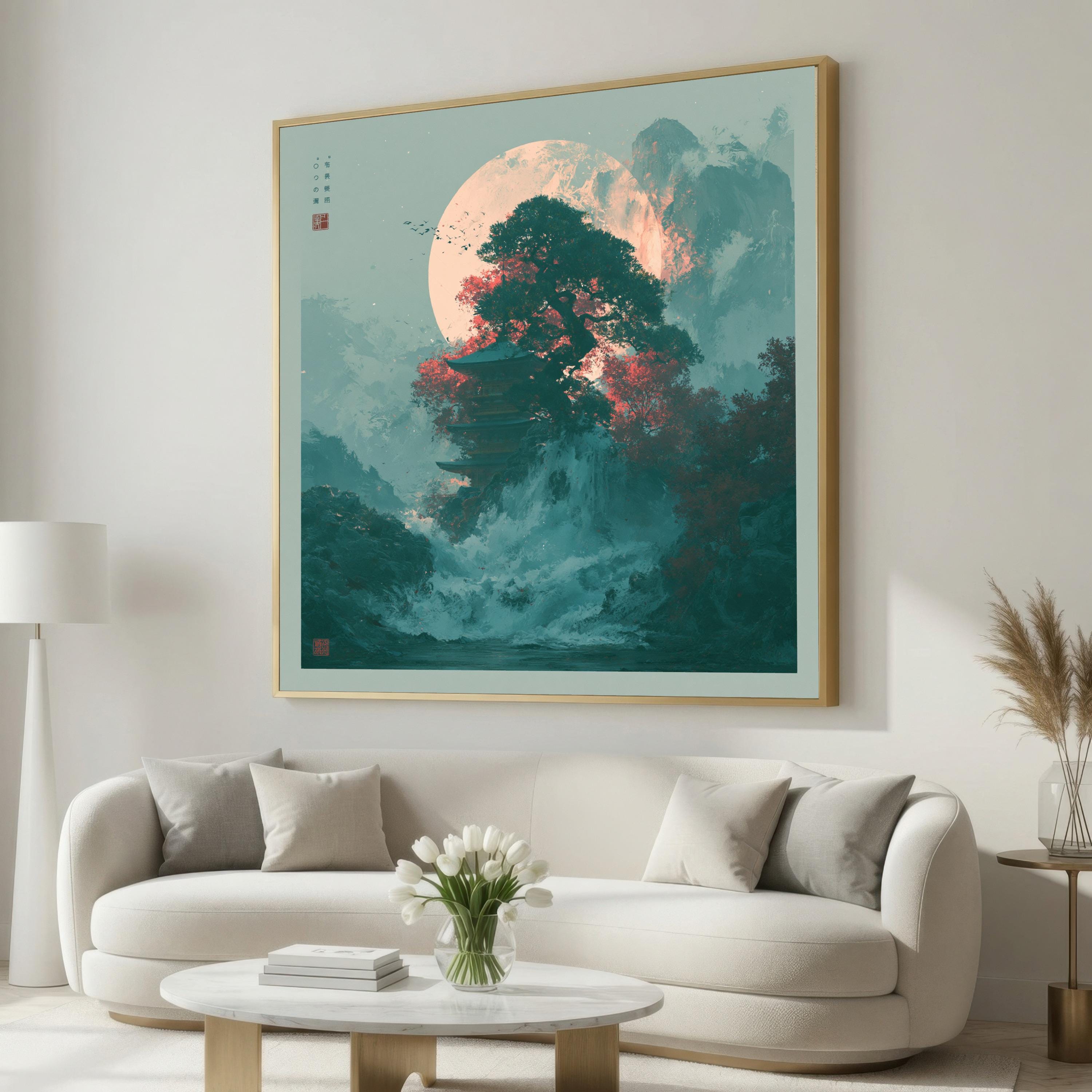 Japanese Landscape Canvas Print, Moonlit Pagoda and Waterfall Wall Art, Teal Mountains, Red Maple Tree, Zen Nature Decor