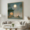 Moonlit Asian Pavilion Canvas Print, Misty Night Landscape Wall Art, Full Moon Scene, Serene Oriental Decor, Scholar Painting