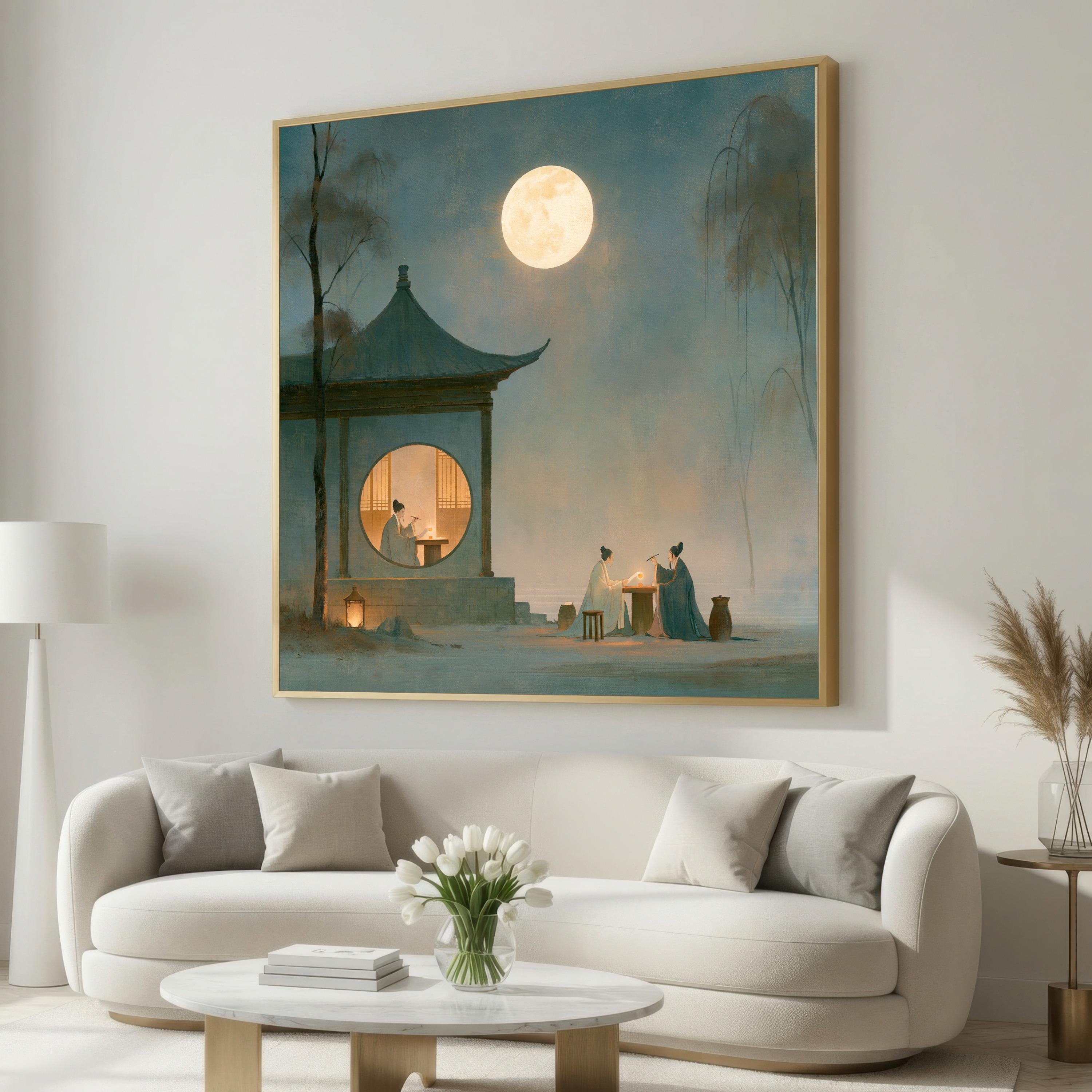 Moonlit Asian Pavilion Canvas Print, Misty Night Landscape Wall Art, Full Moon Scene, Serene Oriental Decor, Scholar Painting