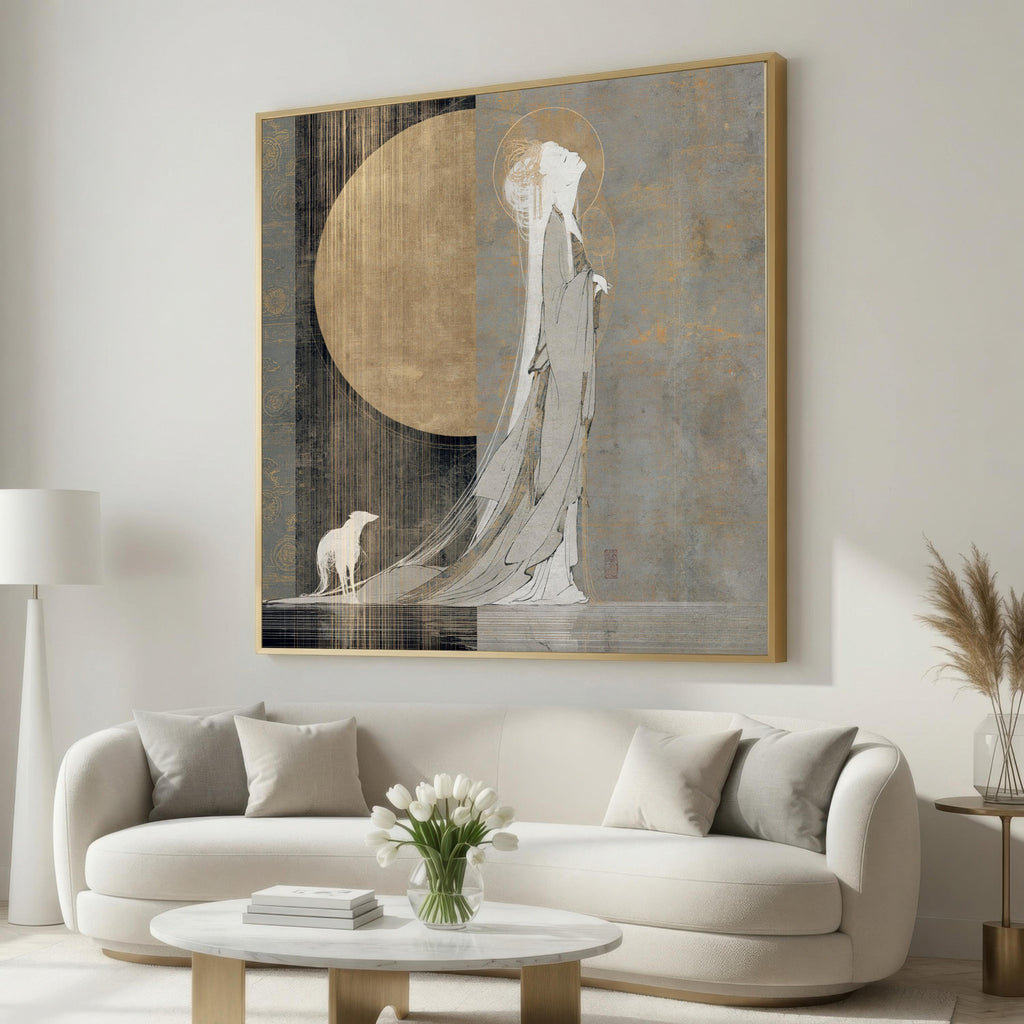 Moon Goddess Canvas Print, Art Nouveau Woman With White Wolf, Gold Gray Celestial Wall Art, Japanese Inspired Decor, moon goddess art
