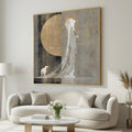Moon Goddess Canvas Print, Art Nouveau Woman With White Wolf, Gold Gray Celestial Wall Art, Japanese Inspired Decor, moon goddess art
