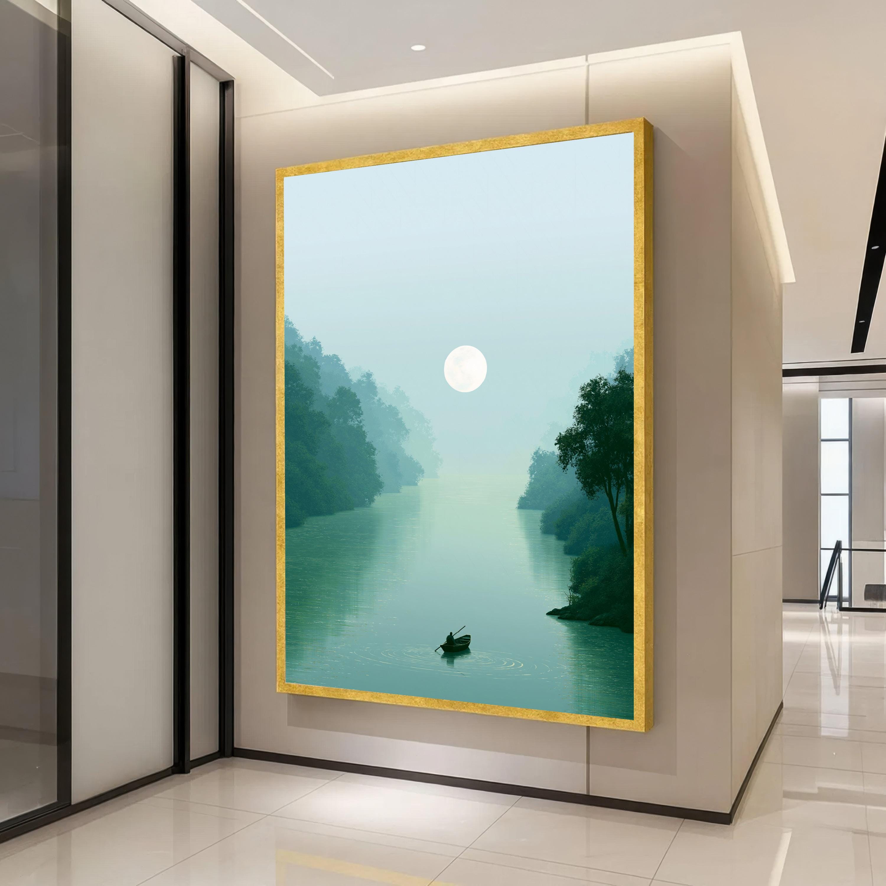 Moonlit Lake Canvas Print, Misty Forest Landscape Wall Art, Blue Green Nature Scene With Boat, Vertical Calm Waters Decor