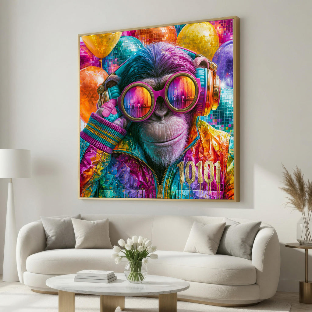 Chimpanzee Wall Art Print, Neon Disco Monkey Poster, Colorful Animal DJ Decor, Retro Party Club Glasses Pop Art Canvas Print