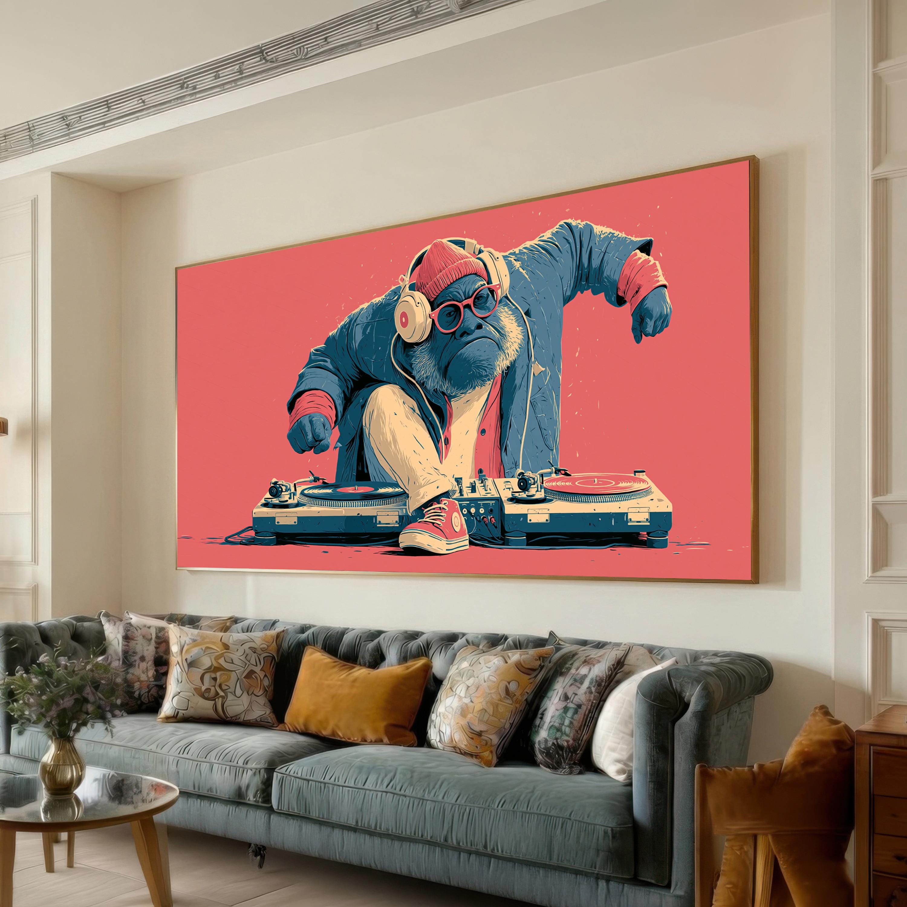 DJ Gorilla Canvas Print, Retro Music Wall Art, Ape With Headphones and Turntables, Pink Blue Street Style Poster Decor, retro music art