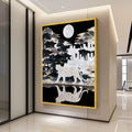 Moonlit White Tiger Canvas Print, Black and Gold Asian Landscape, Pearl City Skyline Art, Large Living Room Wall Decor