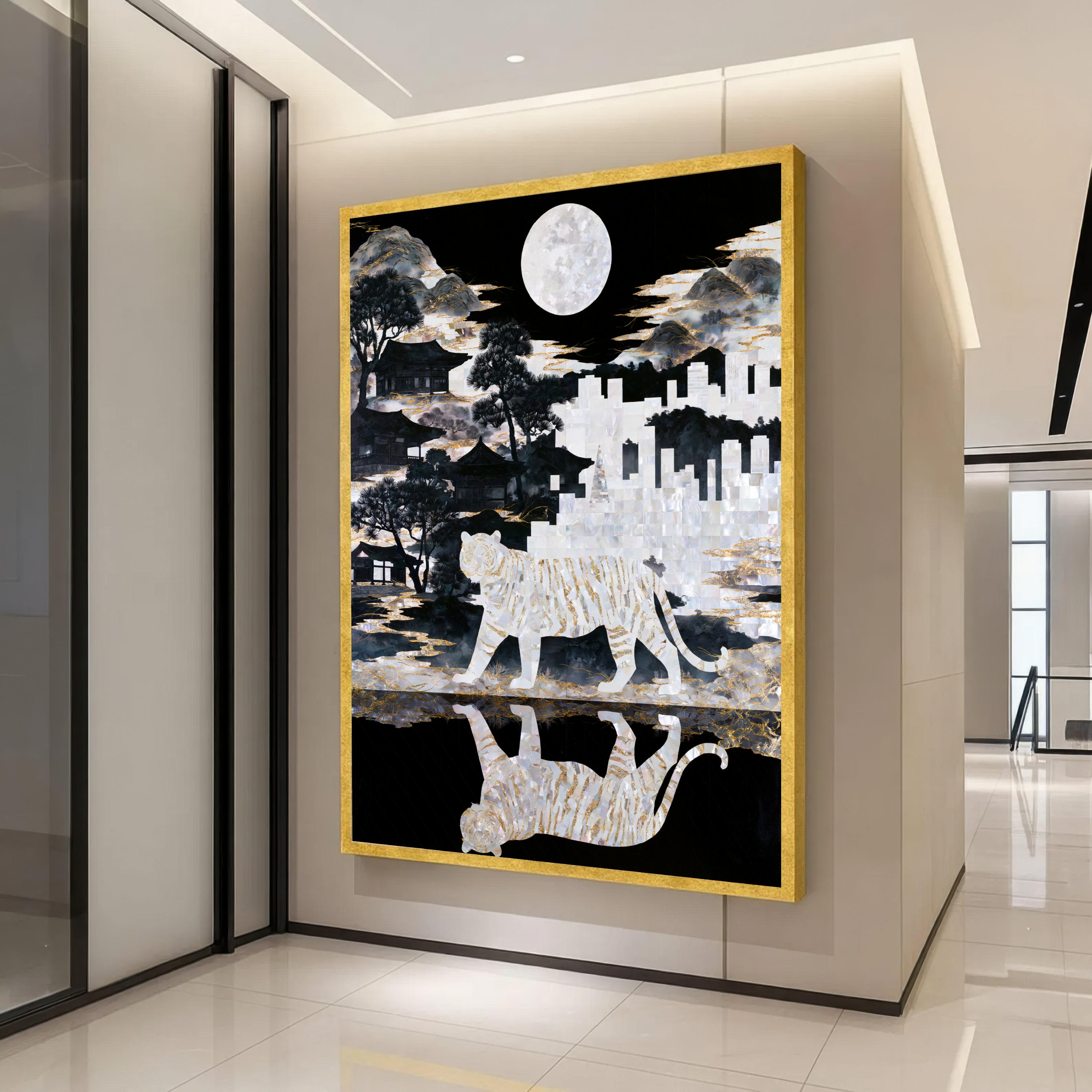 Moonlit White Tiger Canvas Print, Black and Gold Asian Landscape, Pearl City Skyline Art, Large Living Room Wall Decor