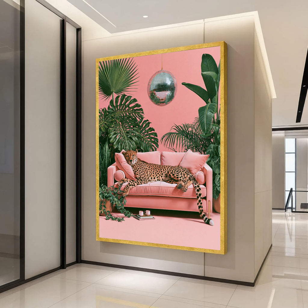 Pink Cheetah Sofa Canvas Print, Tropical Maximalist Animal Decor, Disco Ball Jungle Scene, Eclectic Living Room Wall Art