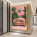Pink Cheetah Sofa Canvas Print, Tropical Maximalist Animal Decor, Disco Ball Jungle Scene, Eclectic Living Room Wall Art