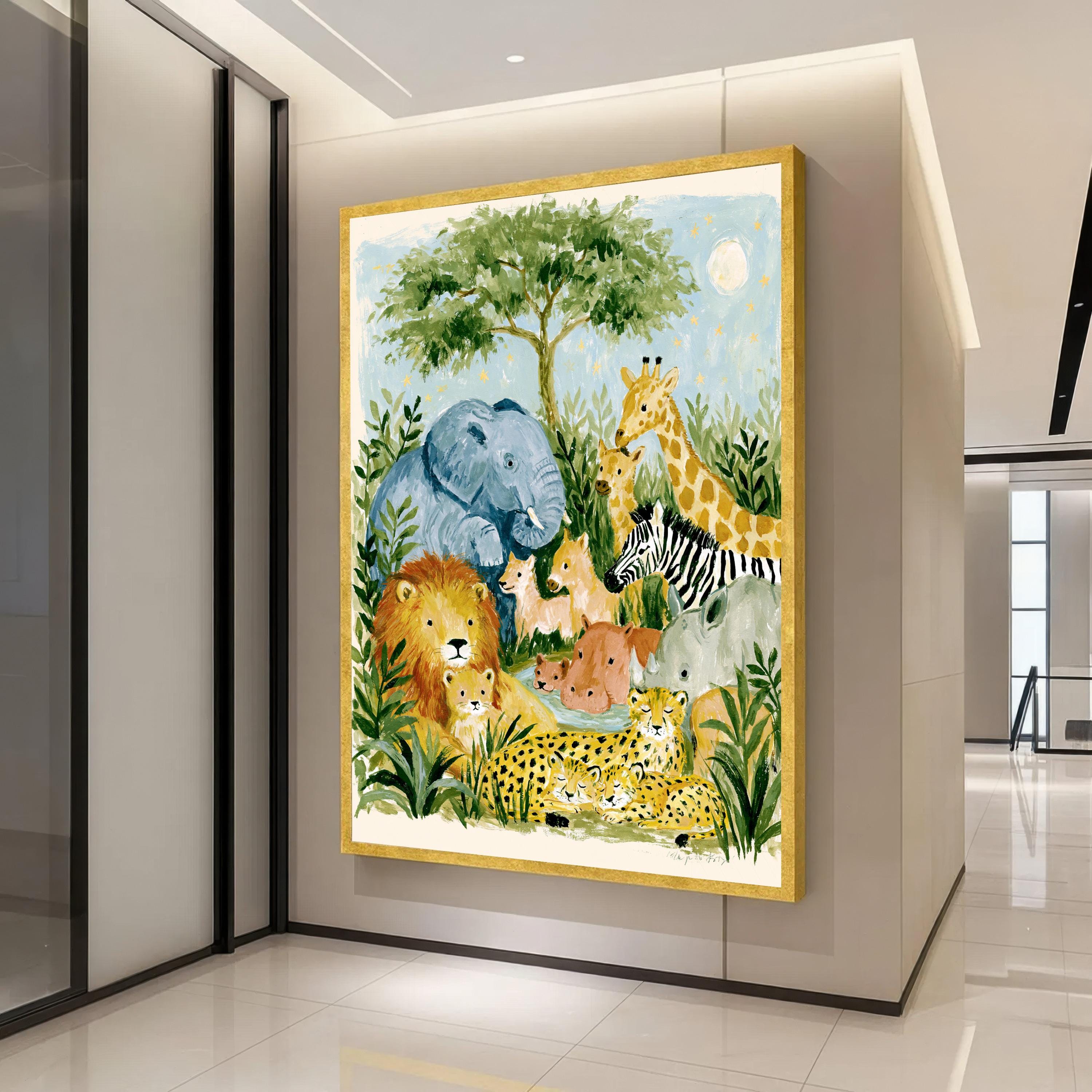 Safari Animal Nursery Canvas Print, Whimsical Jungle Wildlife Wall Decor, Moonlit Baby Zoo Scene, Soft Kids Bedroom Art