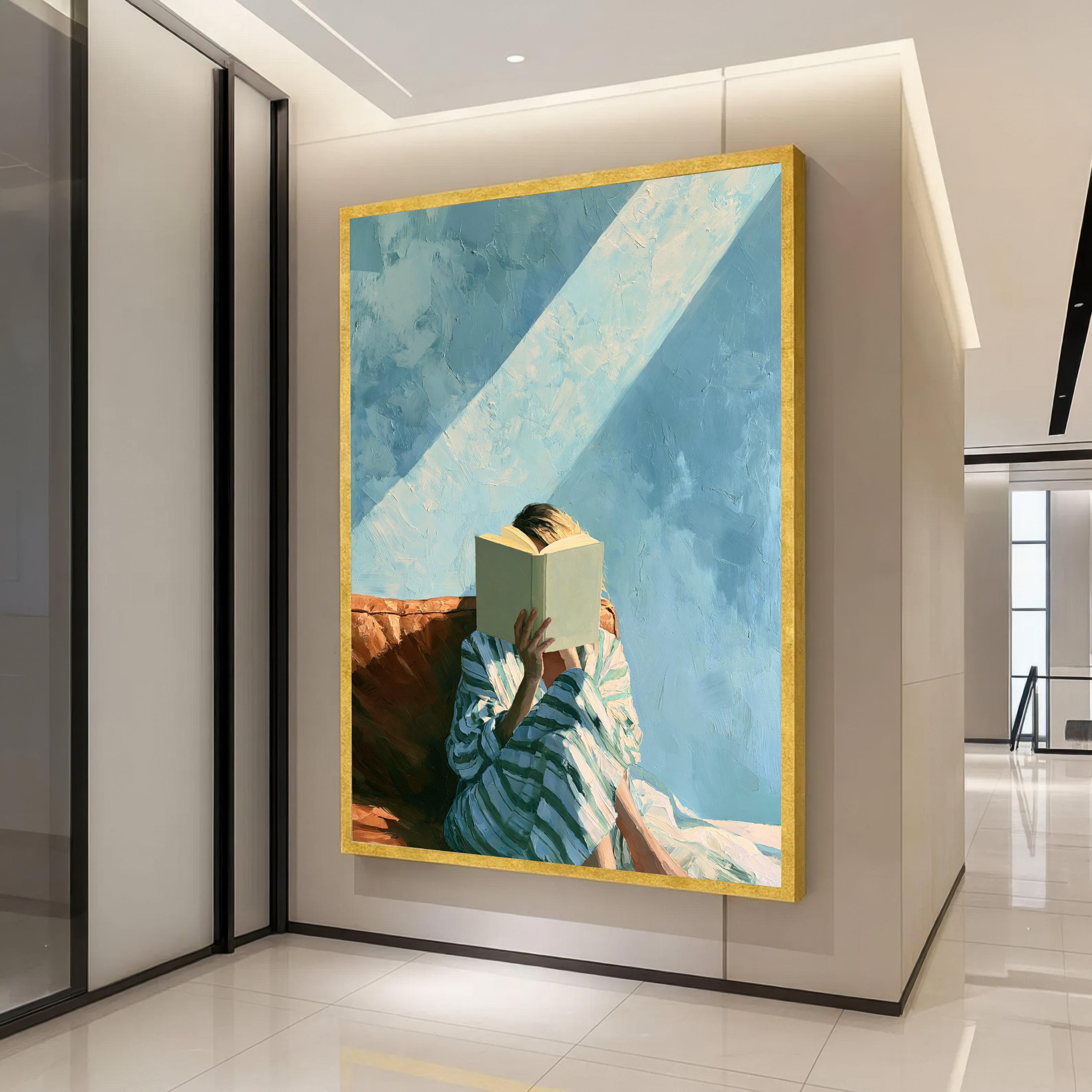 Sunlit Woman Reading Canvas Print, Blue Figurative Book Lover Art, Serene Bedroom Wall Decor, Coastal Style Figure Study