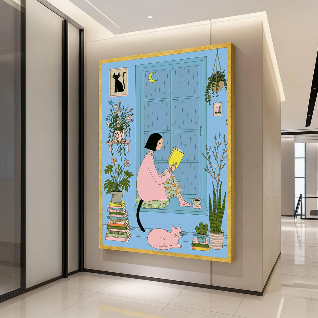 Cozy Rainy Night Reading Nook Canvas Print, Whimsical Cat and Plants Illustration, Blue Pink Bedroom Wall Decor