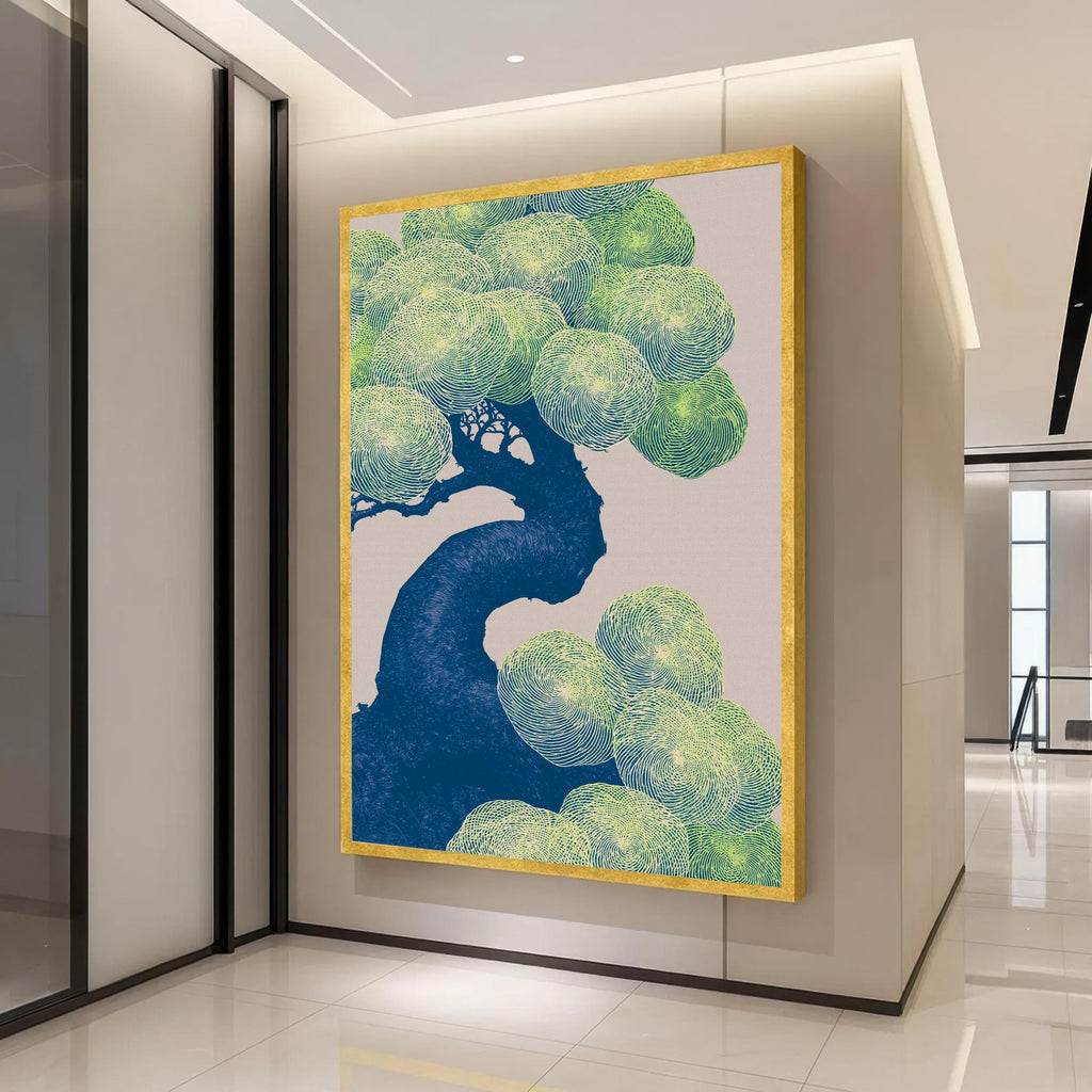 Japanese Bonsai Tree Canvas Print, Blue Green Botanical Wall Art, Zen Nature Decor, Asian Style Living Room Poster, bonsai wall art